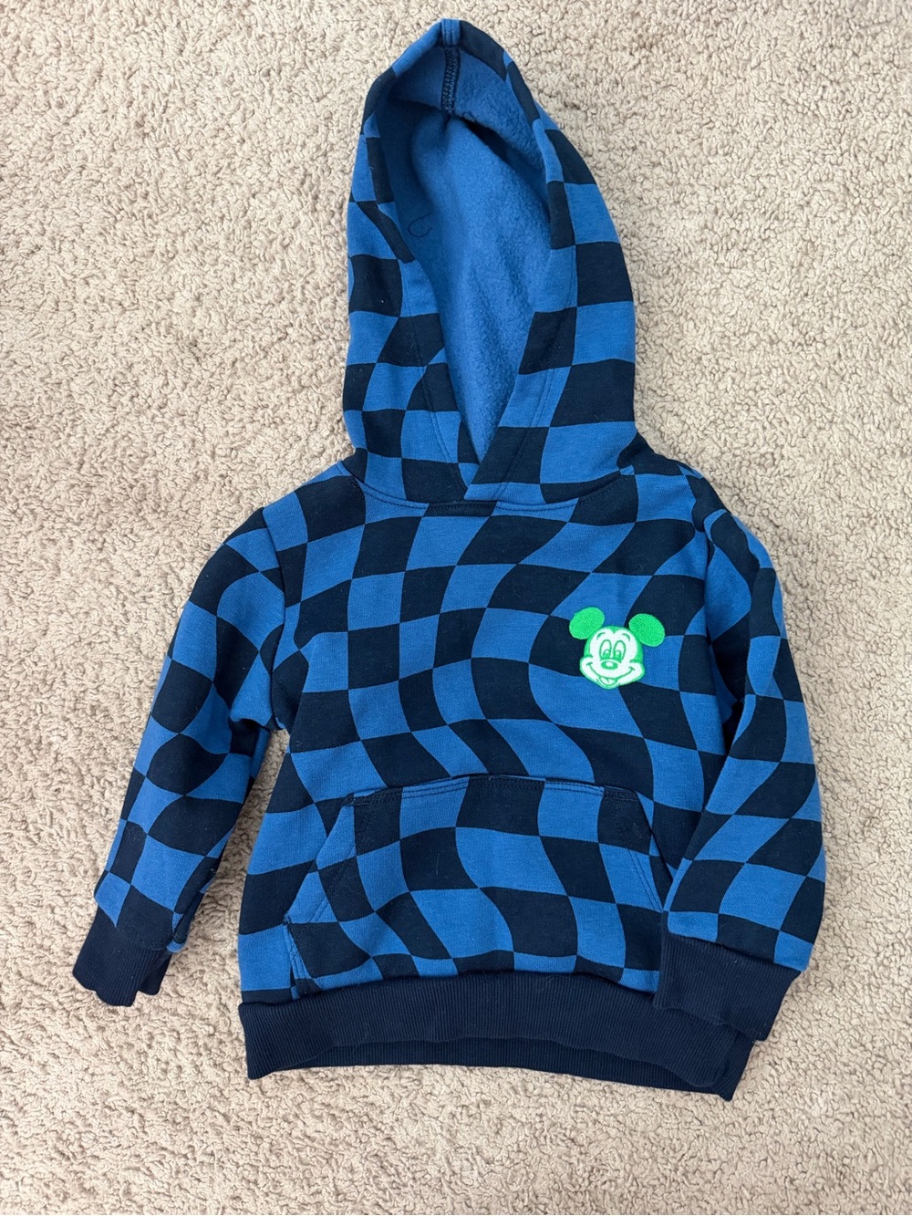 Old Navy Blue and Navy Checkerboard Hoodie with Green Mouse Patch